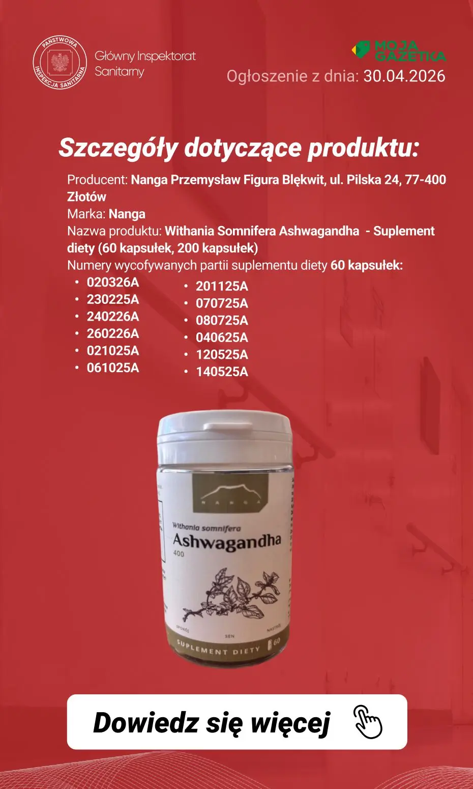 gazetka promocyjna Ostrzeżenia i alerty Ostrzeżenie publiczne dotyczące żywności: wycofanie określonych partii produktów z Ashwagandhy ze względu na wykrycie pozostałości pestycydu - chlorpiryfosu - Strona 5