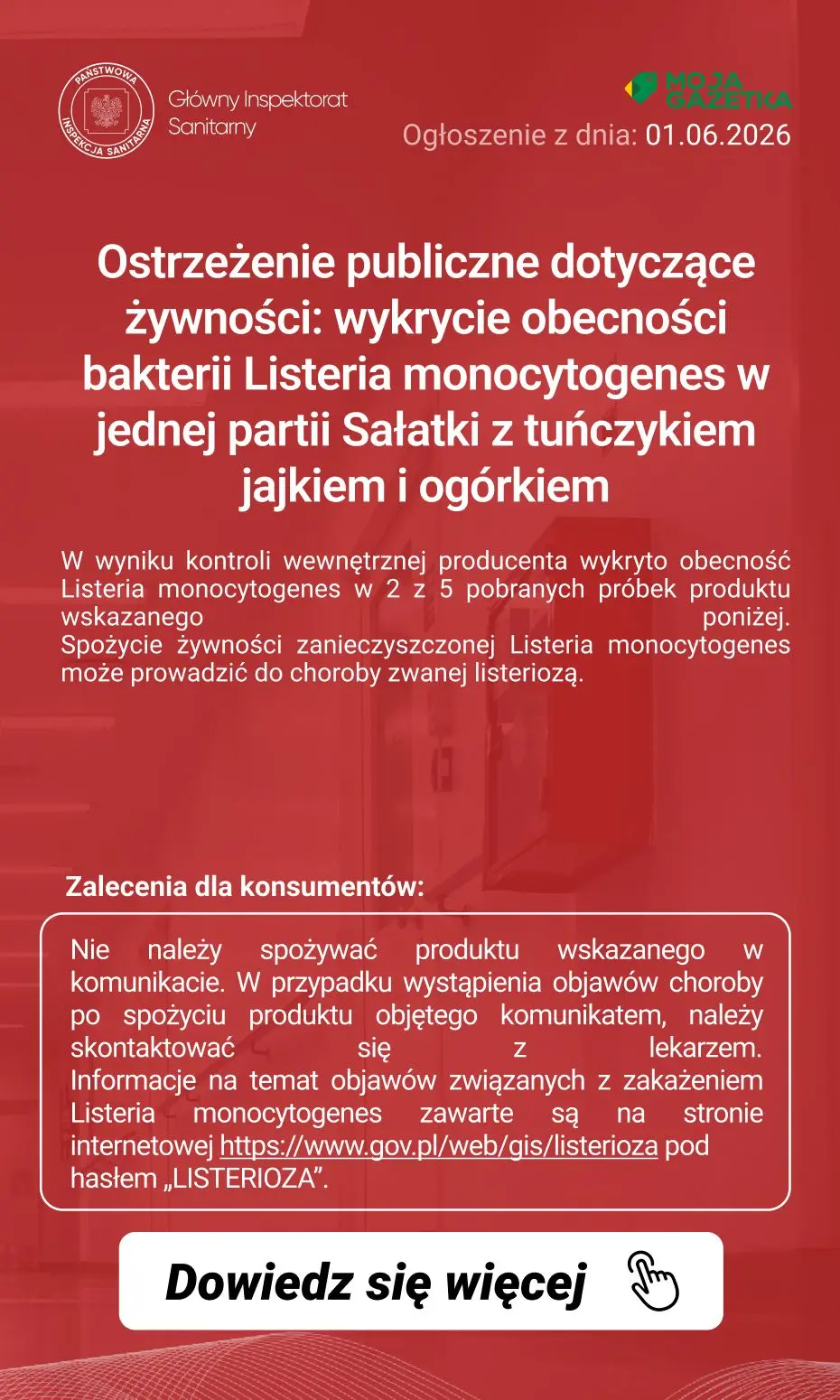 gazetka promocyjna Ostrzeżenia i alerty Ostrzeżenie publiczne dotyczące żywności: wykrycie obecności bakterii Listeria monocytogenes w jednej partii Sałatki z tuńczykiem jajkiem i ogórkiem - Strona 2