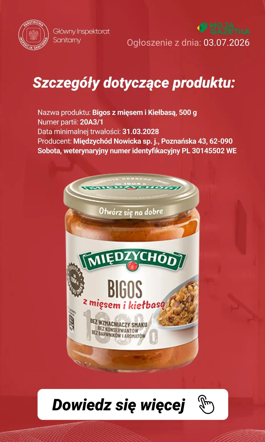 gazetka promocyjna Ostrzeżenia i alerty Ostrzeżenie publiczne dotyczące żywności: Stwierdzenie niezadeklarowanej obecności składnika alergennego - glutenu w partii bigosu z mięsem i kiełbasą - Strona 3
