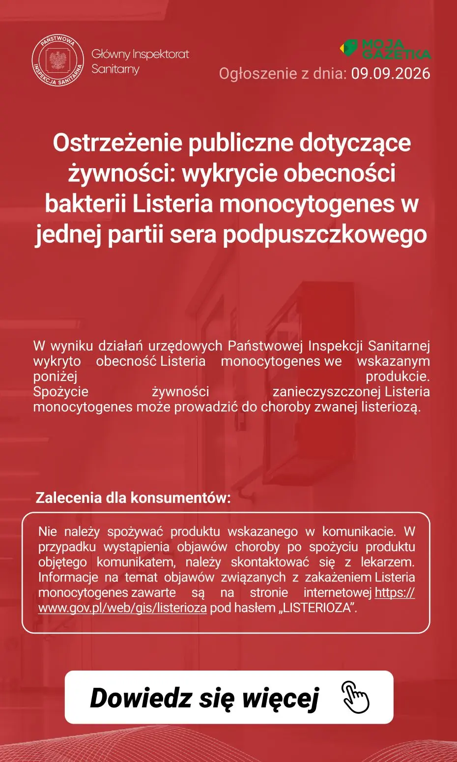 gazetka promocyjna Ostrzeżenia i alerty Ostrzeżenie publiczne dotyczące żywności: wykrycie obecności bakterii Listeria monocytogenes w jednej partii sera podpuszczkowego - Strona 2