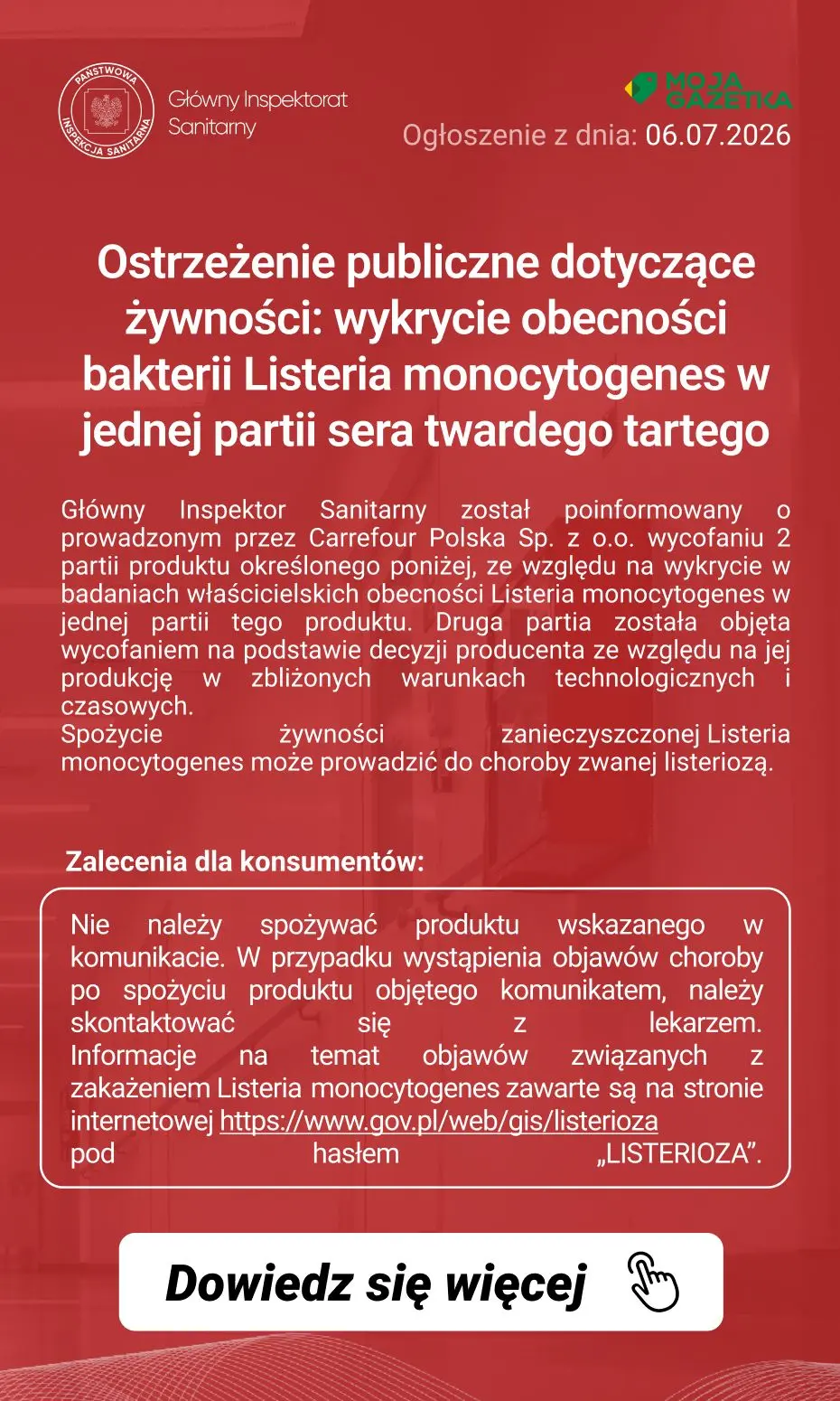 gazetka promocyjna Ostrzeżenia i alerty Ostrzeżenie publiczne dotyczące żywności: wykrycie obecności bakterii Listeria monocytogenes w jednej partii sera twardego tartego - Strona 2
