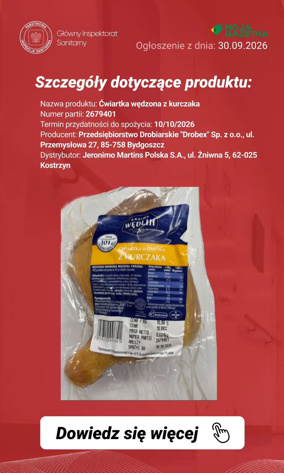gazetka promocyjna Ostrzeżenia i alerty Ostrzeżenie publiczne dotyczące żywności: wykrycie obecności bakterii Listeria monocytogenes w jednej partii ćwiartki wędzonej z kurczaka - Strona 3