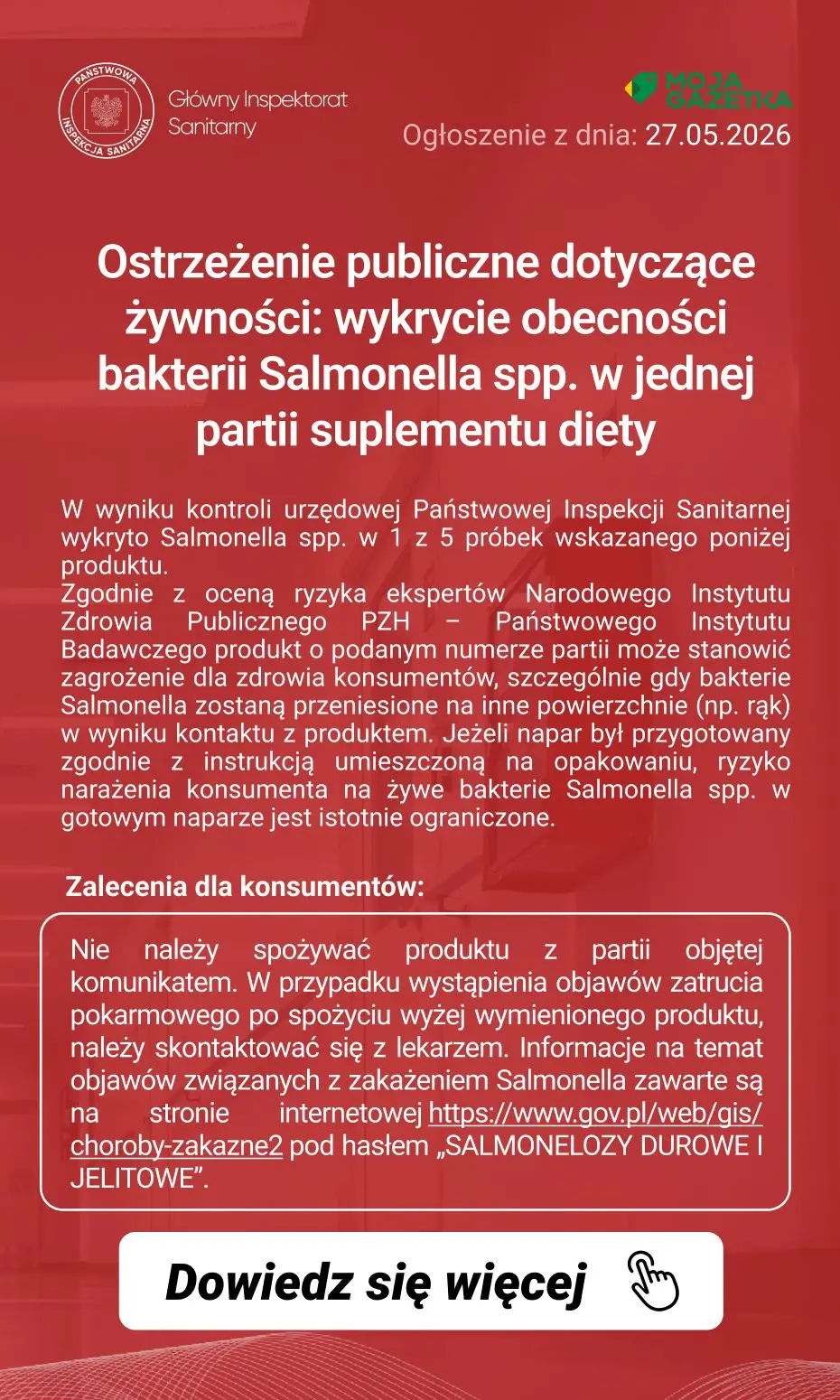 gazetka promocyjna Ostrzeżenia i alerty Ostrzeżenie publiczne dotyczące żywności: wykrycie obecności bakterii Salmonella spp. w jednej partii suplementu diety - Strona 2