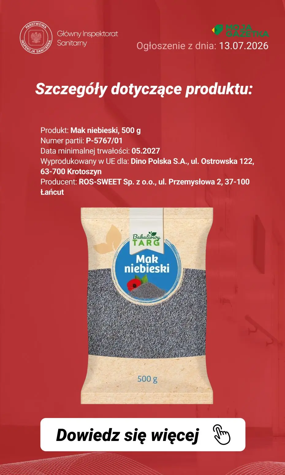 gazetka promocyjna Ostrzeżenia i alerty Ostrzeżenie publiczne dotyczące żywności: Alkaloidy opium w określonej partii maku niebieskiego - Strona 3