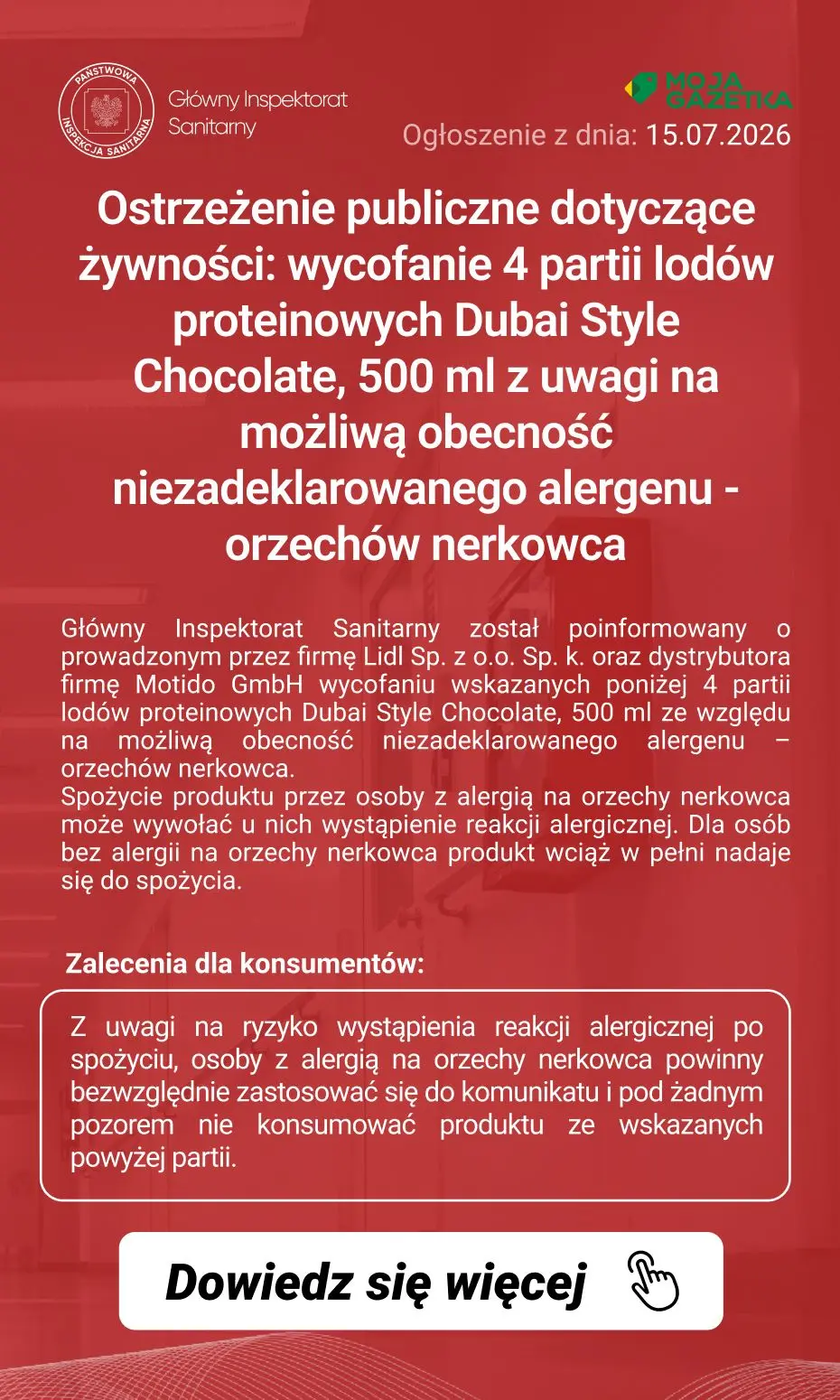 gazetka promocyjna Ostrzeżenia i alerty Ostrzeżenie publiczne dotyczące żywności: wycofanie 4 partii lodów proteinowych Dubai Style Chocolate, 500 ml z uwagi na możliwą obecność niezadeklarowanego alergenu - orzechów nerkowca - Strona 2