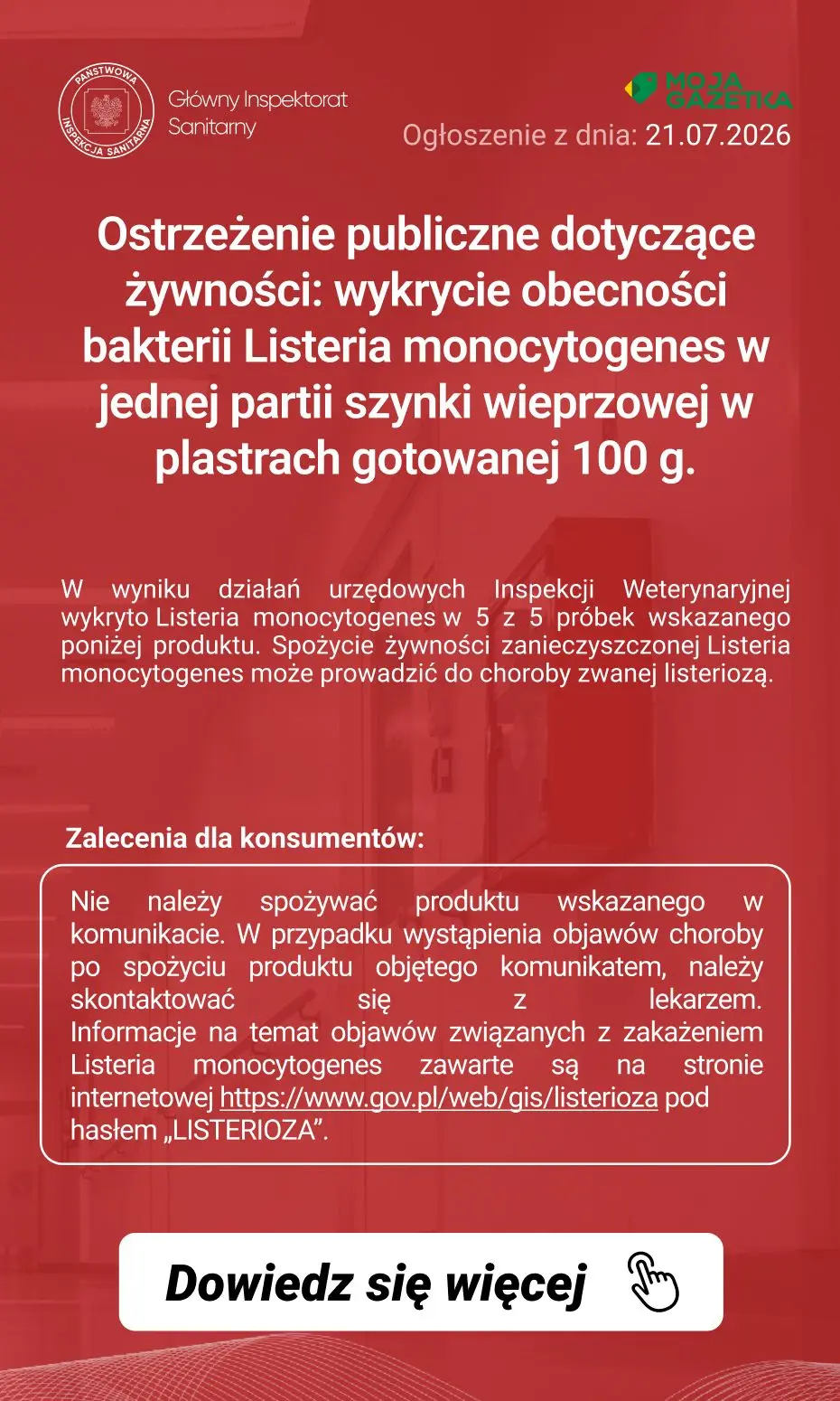 gazetka promocyjna Ostrzeżenia i alerty Ostrzeżenie publiczne dotyczące żywności: wykrycie obecności bakterii Listeria monocytogenes w jednej partii szynki wieprzowej w plastrach gotowanej 100 g. - Strona 2
