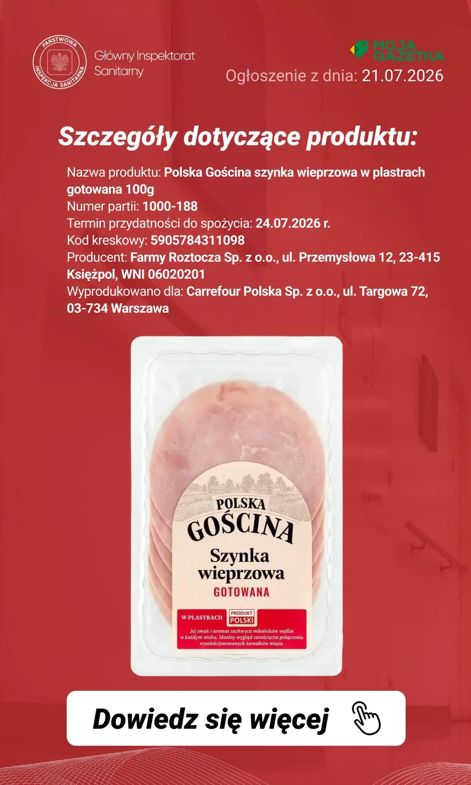 gazetka promocyjna Ostrzeżenia i alerty Ostrzeżenie publiczne dotyczące żywności: wykrycie obecności bakterii Listeria monocytogenes w jednej partii szynki wieprzowej w plastrach gotowanej 100 g. - Strona 3