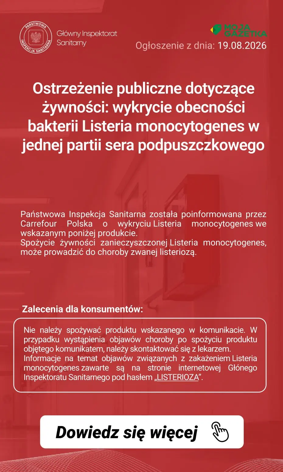 gazetka promocyjna Ostrzeżenia i alerty Ostrzeżenie publiczne dotyczące żywności: wykrycie obecności bakterii Listeria monocytogenes w jednej partii sera podpuszczkowego - Strona 2