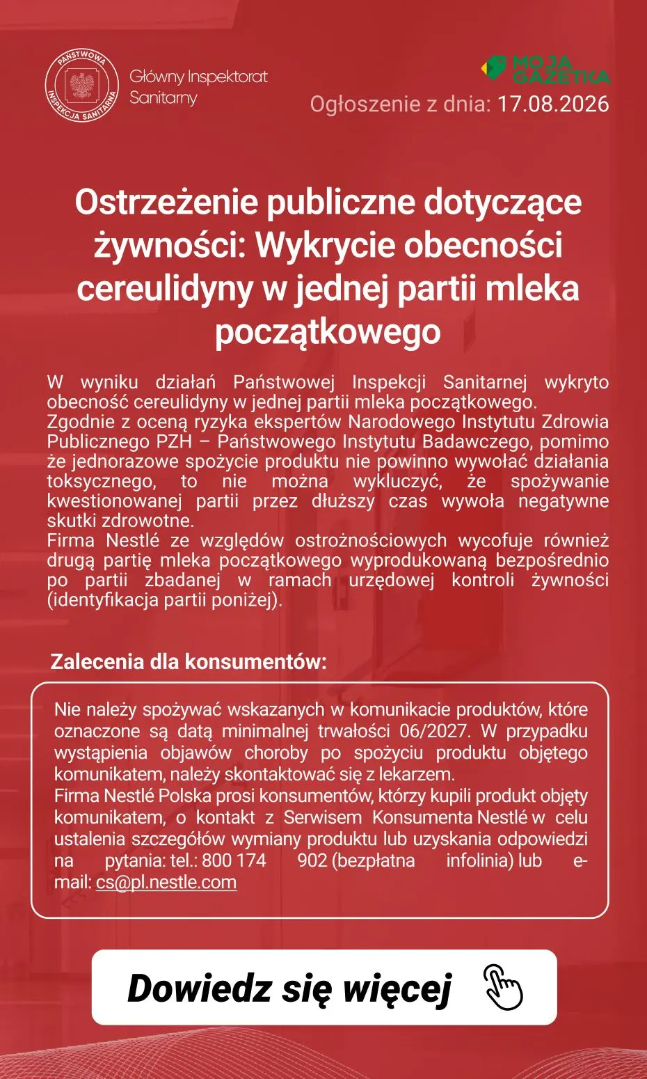 gazetka promocyjna Ostrzeżenia i alerty Ostrzeżenie publiczne dotyczące żywności: Wykrycie obecności cereulidyny w jednej partii mleka początkowego - Strona 2