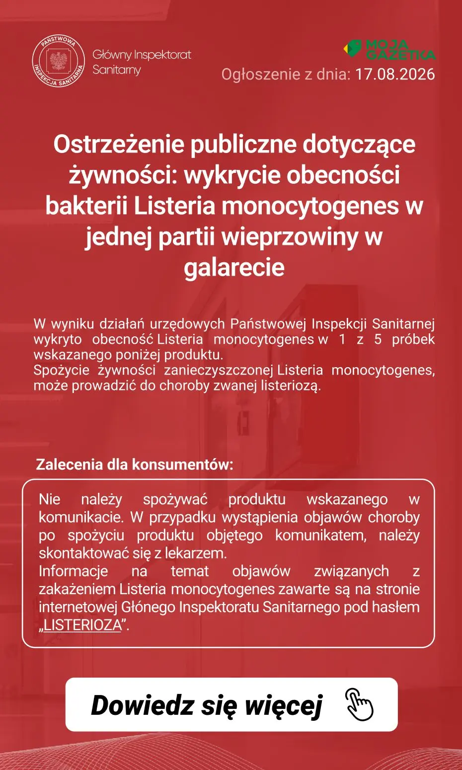 gazetka promocyjna Ostrzeżenia i alerty Ostrzeżenie publiczne dotyczące żywności: wykrycie obecności bakterii Listeria monocytogenes w jednej partii wieprzowiny w galarecie - Strona 2