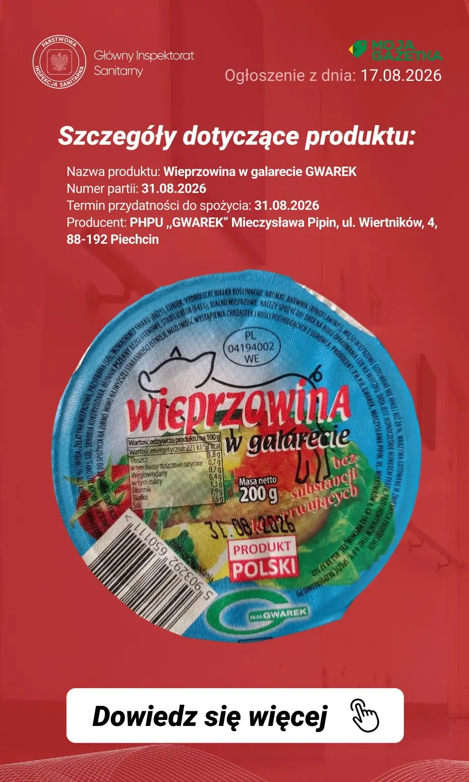 gazetka promocyjna Ostrzeżenia i alerty Ostrzeżenie publiczne dotyczące żywności: wykrycie obecności bakterii Listeria monocytogenes w jednej partii wieprzowiny w galarecie - Strona 3