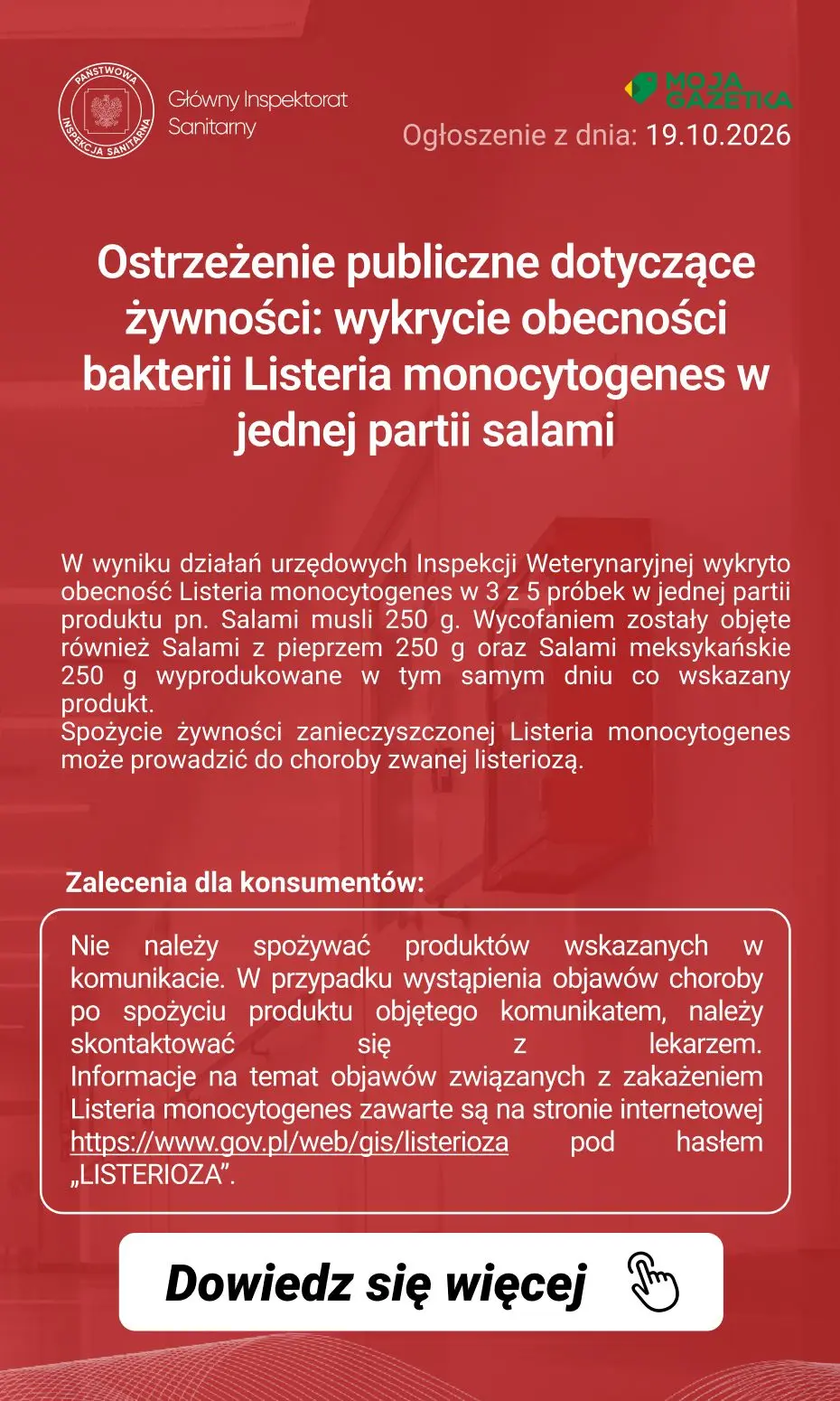 gazetka promocyjna Ostrzeżenia i alerty Ostrzeżenie publiczne dotyczące żywności: wykrycie obecności bakterii Listeria monocytogenes w jednej partii salami - Strona 2