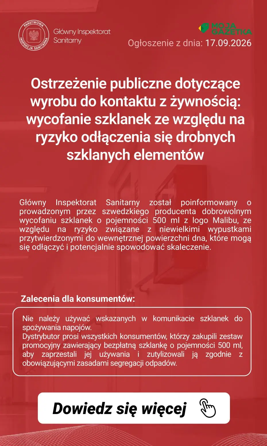 gazetka promocyjna Ostrzeżenia i alerty Ostrzeżenie publiczne dotyczące wyrobu do kontaktu z żywnością: wycofanie szklanek ze względu na ryzyko odłączenia się drobnych szklanych elementów - Strona 2