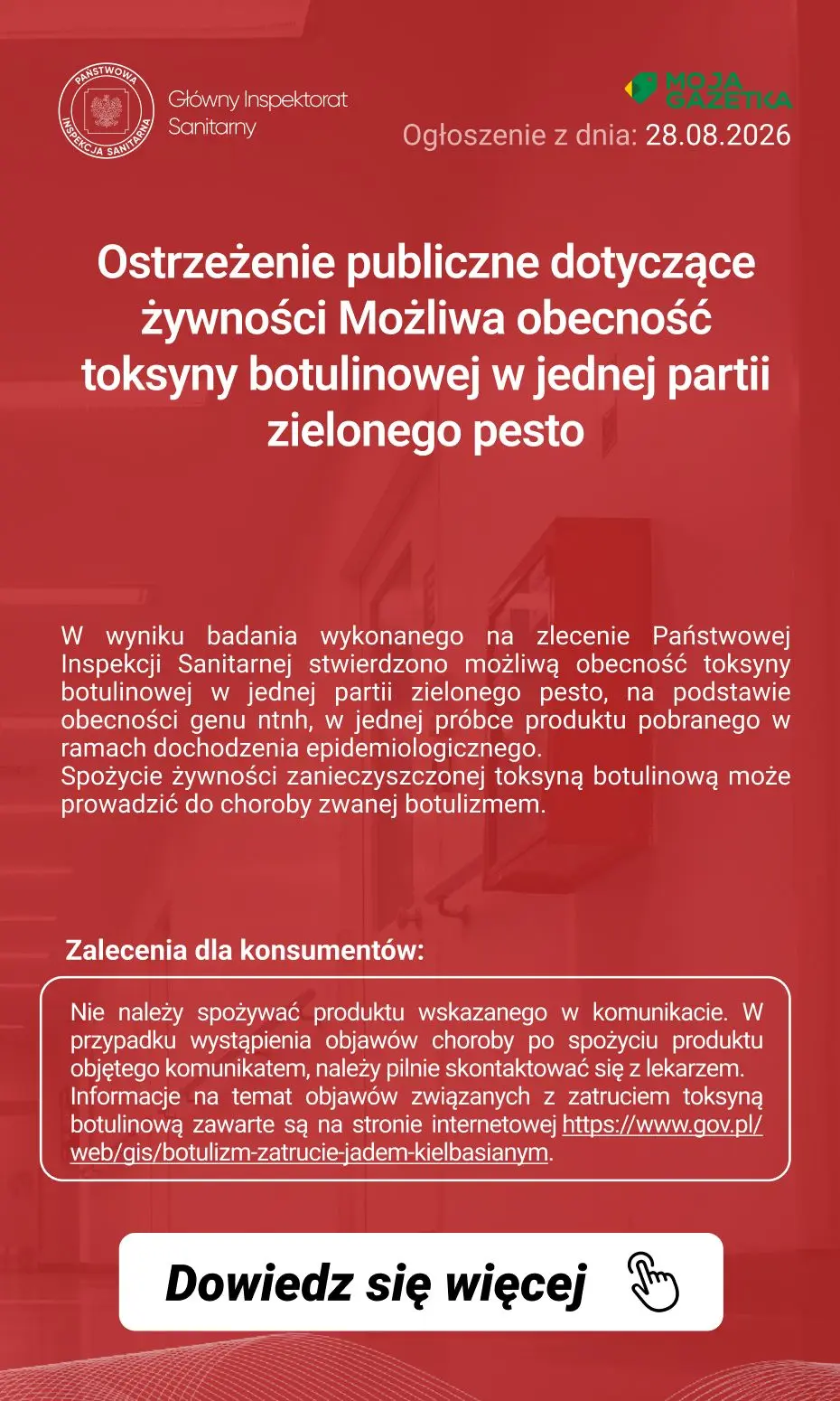 gazetka promocyjna Ostrzeżenia i alerty Ostrzeżenie publiczne dotyczące żywności Możliwa obecność toksyny botulinowej w jednej partii zielonego pesto - Strona 2