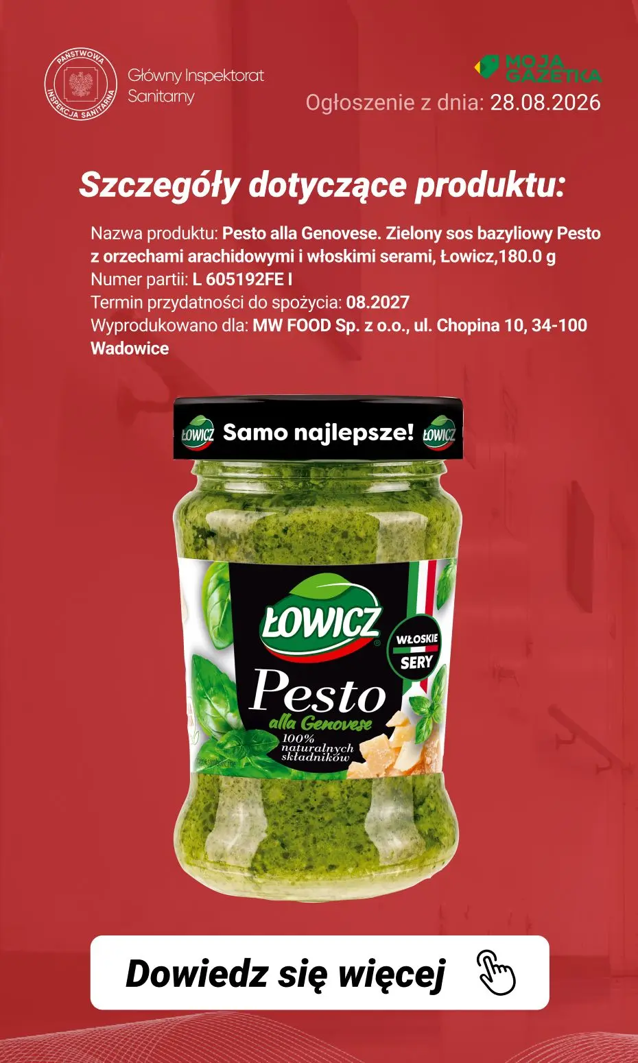 gazetka promocyjna Ostrzeżenia i alerty Ostrzeżenie publiczne dotyczące żywności Możliwa obecność toksyny botulinowej w jednej partii zielonego pesto - Strona 3