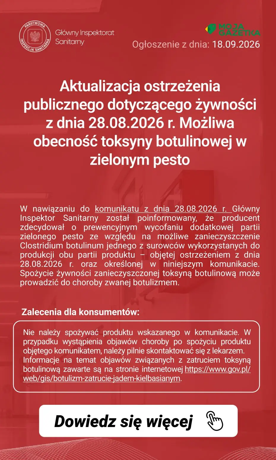 gazetka promocyjna Ostrzeżenia i alerty Aktualizacja ostrzeżenia publicznego dotyczącego żywności z dnia 28.08.2026 r. Możliwa obecność toksyny botulinowej w zielonym pesto - Strona 2