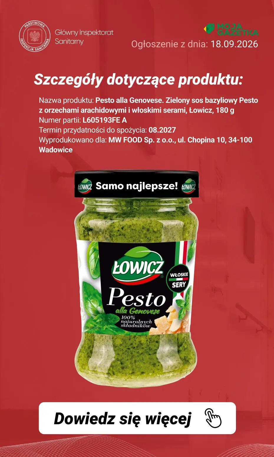 gazetka promocyjna Ostrzeżenia i alerty Aktualizacja ostrzeżenia publicznego dotyczącego żywności z dnia 28.08.2026 r. Możliwa obecność toksyny botulinowej w zielonym pesto - Strona 3
