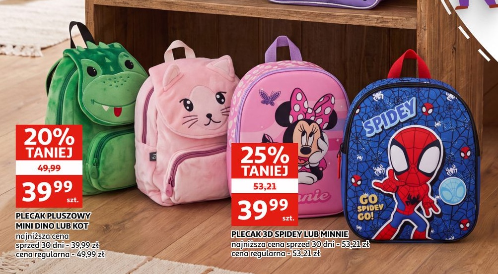 plecak pluszowy mini dino lub kot w ofercie sklepu Auchan