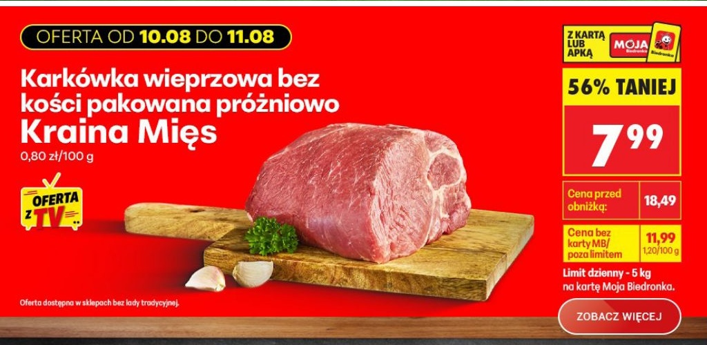 Karkówka wieprzowa bez kości pakowana próżniowo Kraina Mies w ofercie sklepu Biedronka